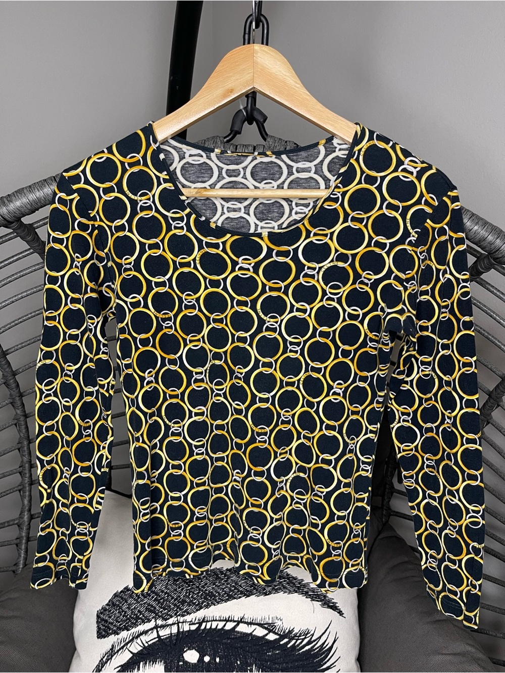 Celine Black Long-Sleeve Top with Yellow Chain-Link Print